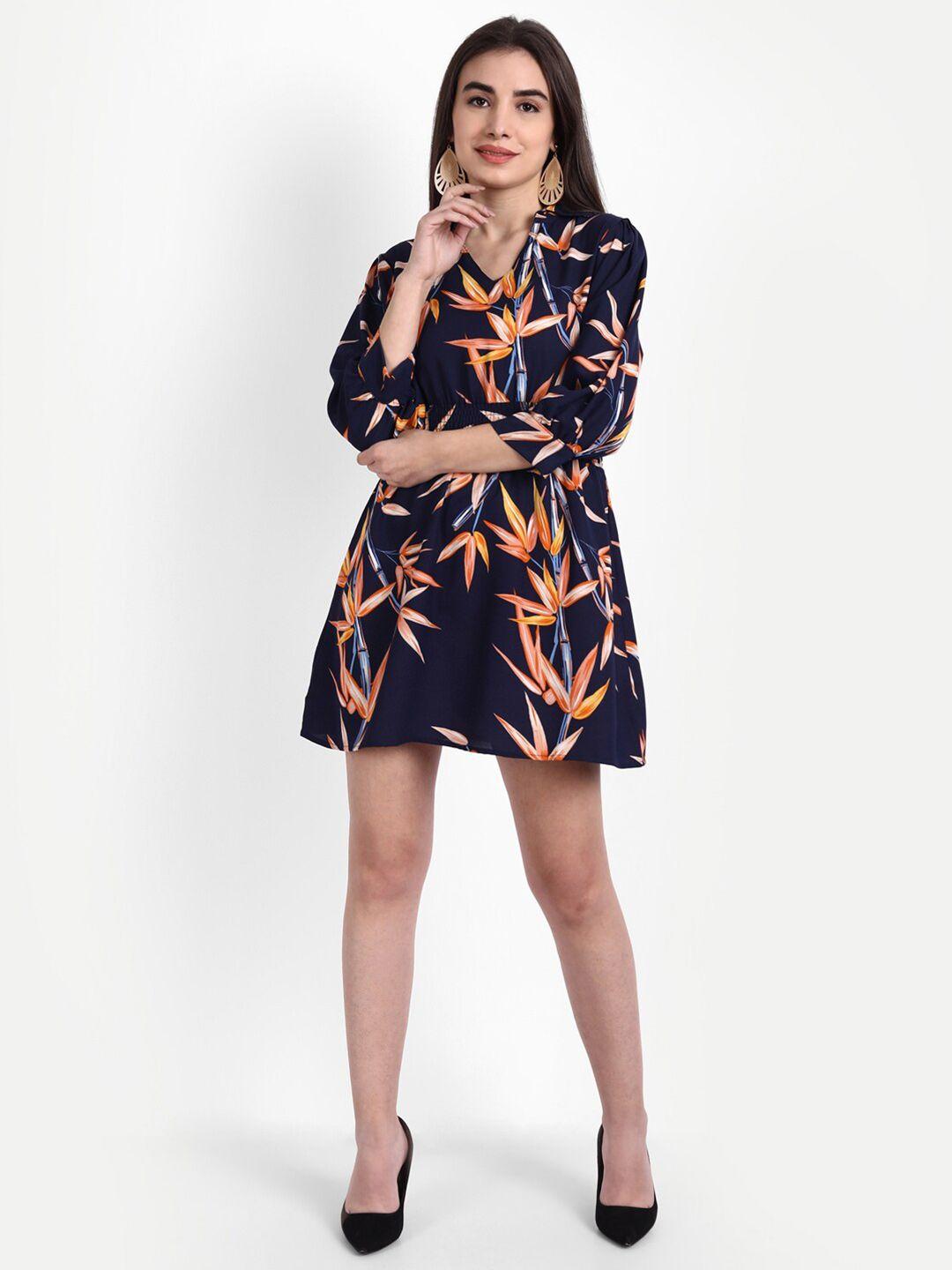 rediscover fashion women blue & orange tropical crepe dress