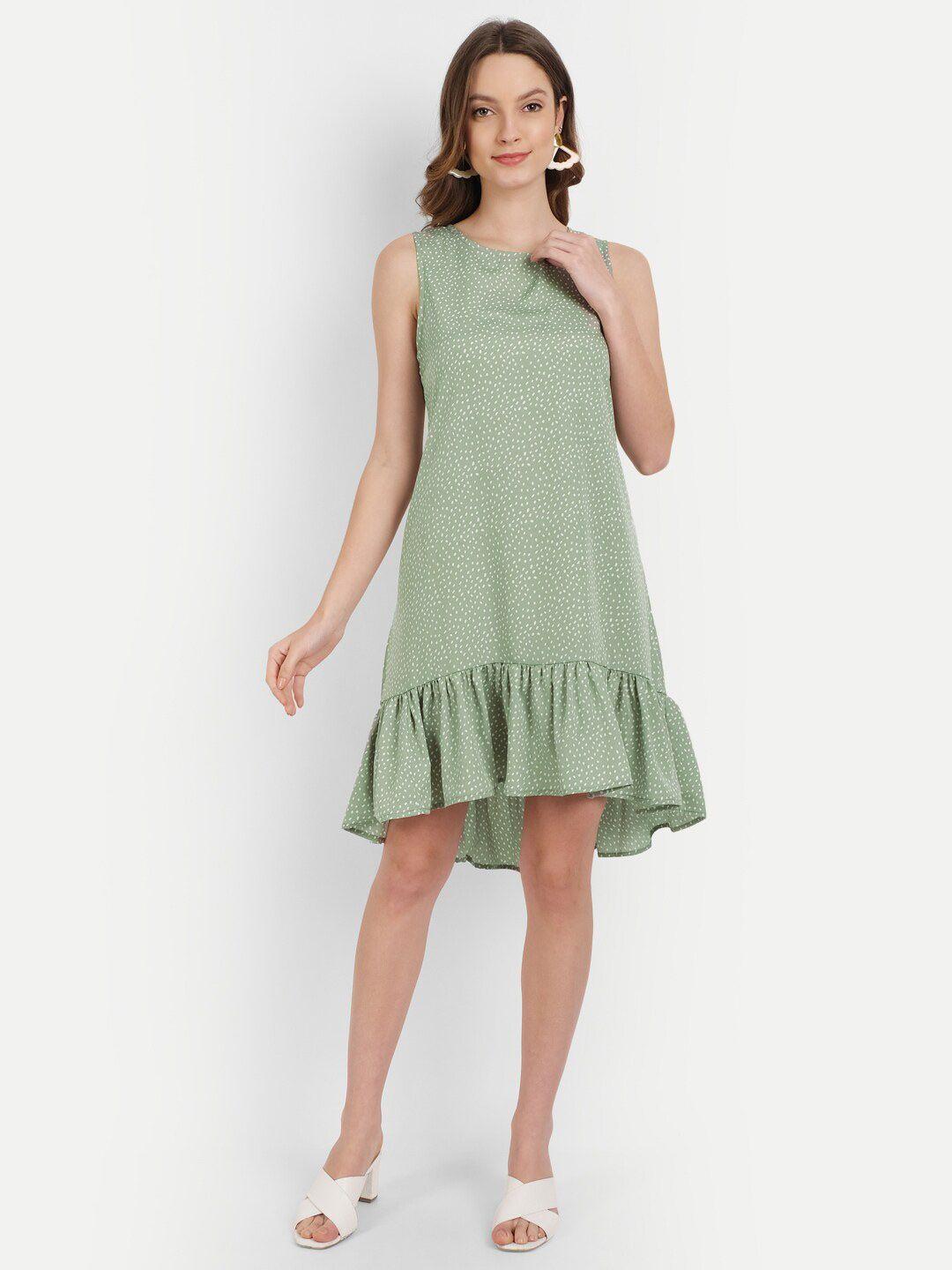rediscover fashion women green crepe a-line polka dot frill dress