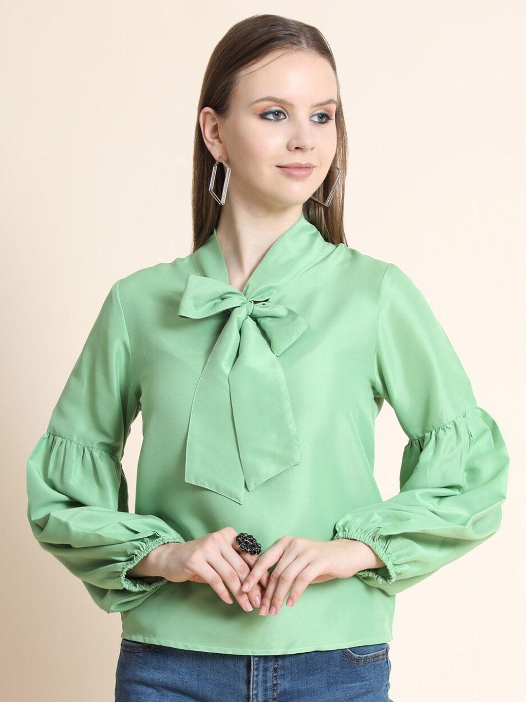 rediscover fashion women green solid tie-up neck top