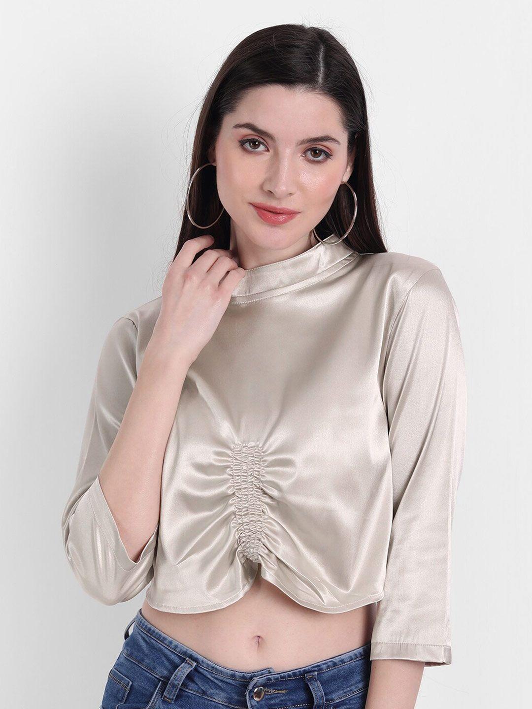 rediscover fashion women silver-toned satin ruched crop top
