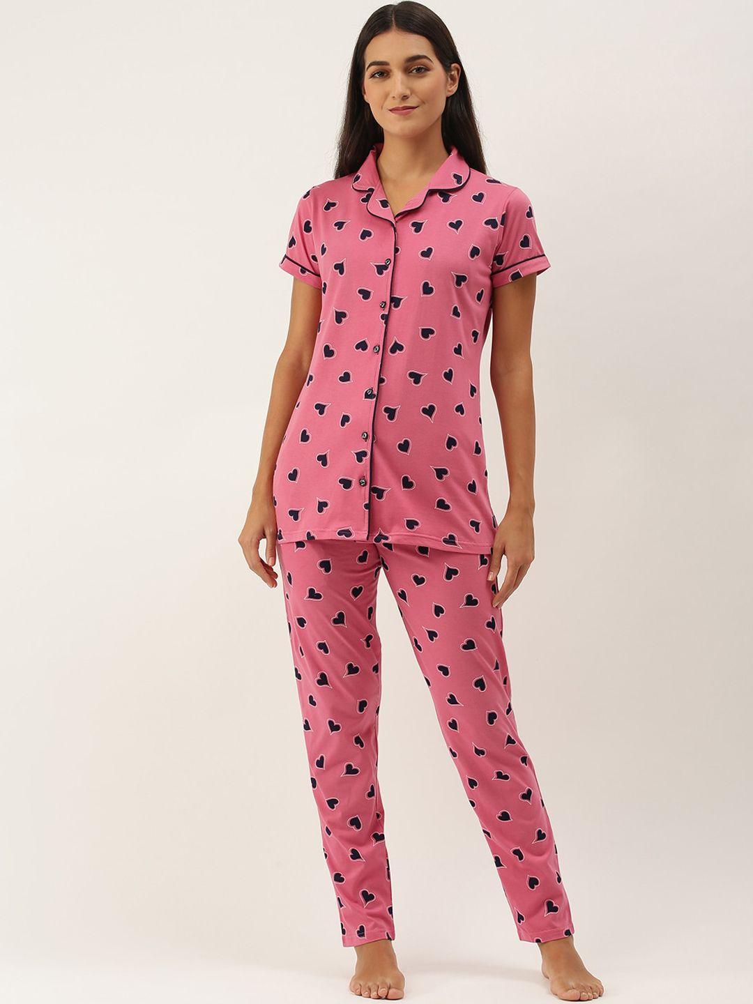 redrose women pink & navy blue cotton printed night suit 8167 b-pink