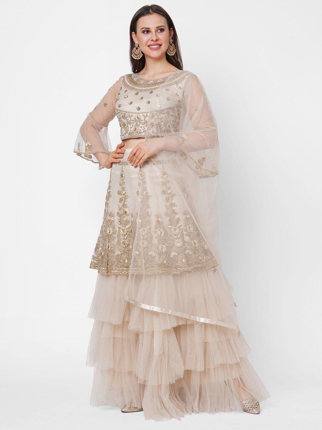 redround beige & gold-toned embroidered unstitched lehenga & blouse with dupatta