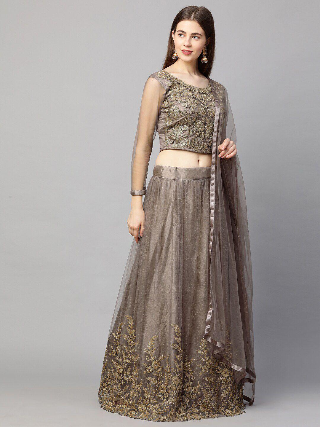 redround brown & gold-toned semi-stitched lehenga & unstitched blouse with dupatta