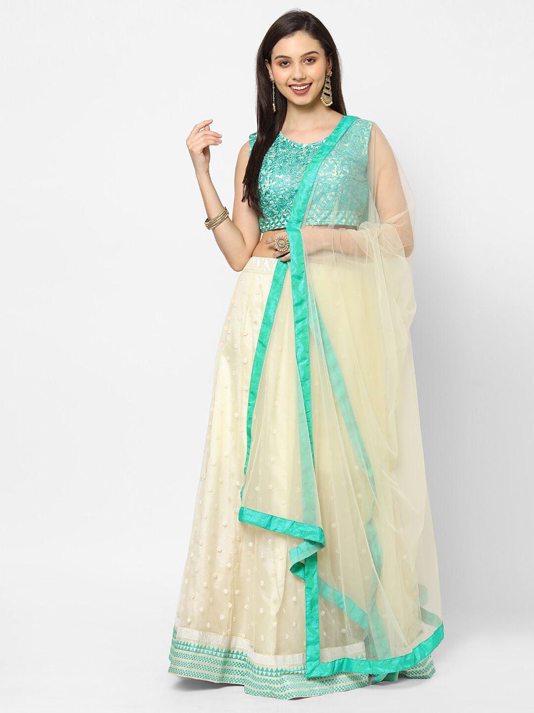 redround cream-coloured & turquoise blue embroidered thread work semi-stitched lehenga & unstitched blouse