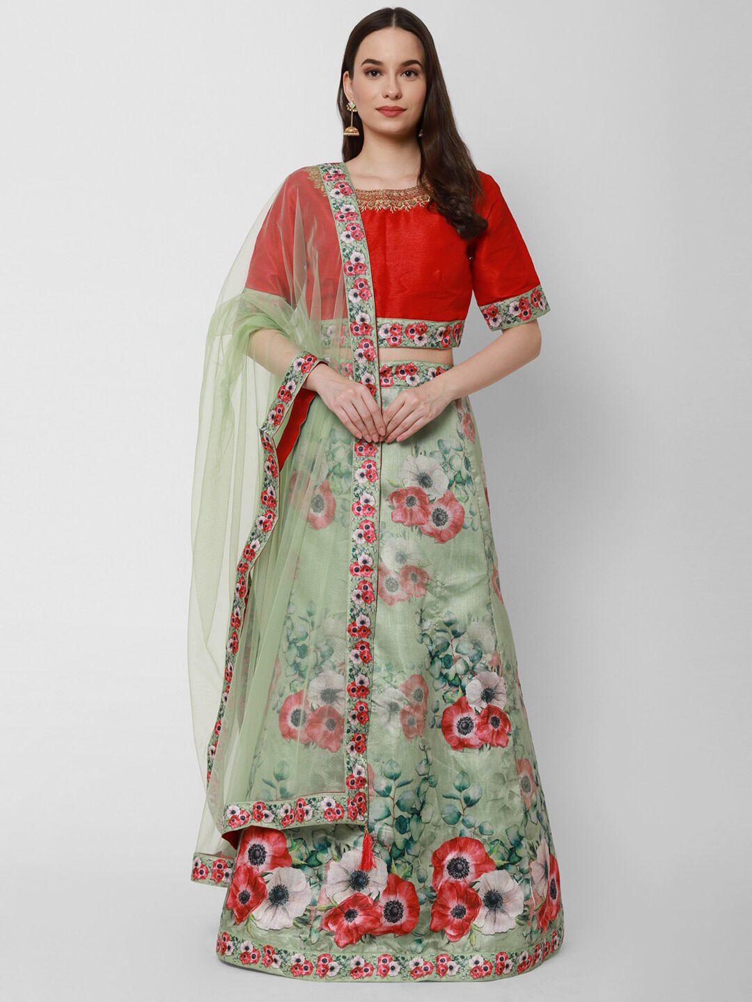 redround green & red embroidered semi-stitched lehenga & unstitched blouse with dupatta
