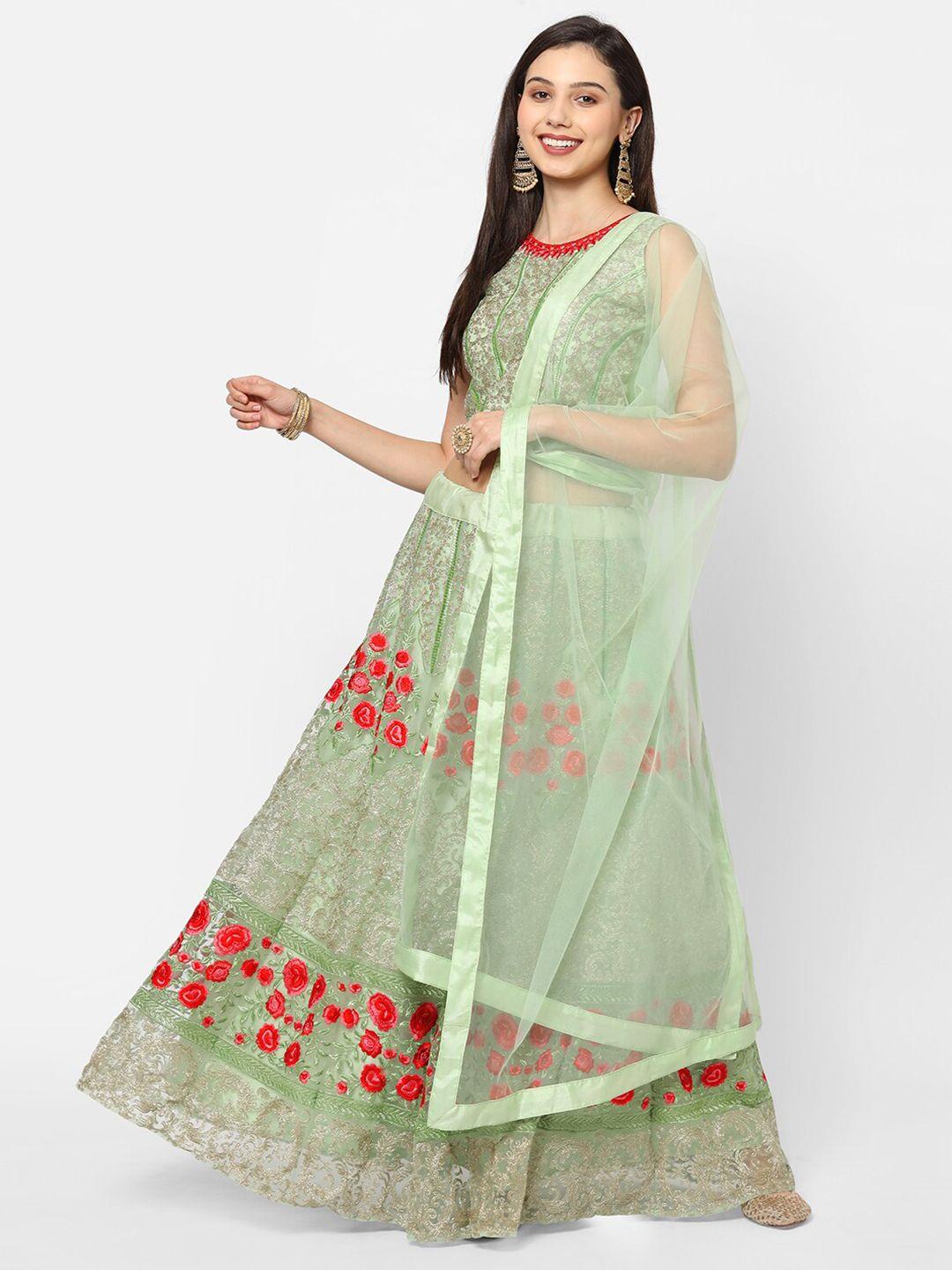 redround green & red embroidered thread work semi-stitched lehenga & unstitched blouse with dupatta