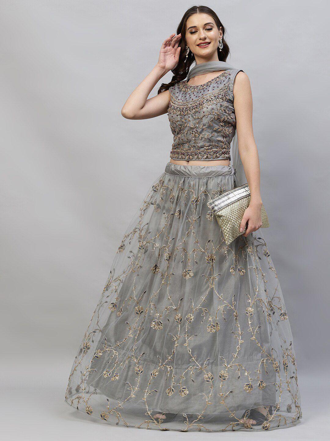 redround grey & gold-toned embroidered semi-stitched lehenga & unstitched blouse with dupatta