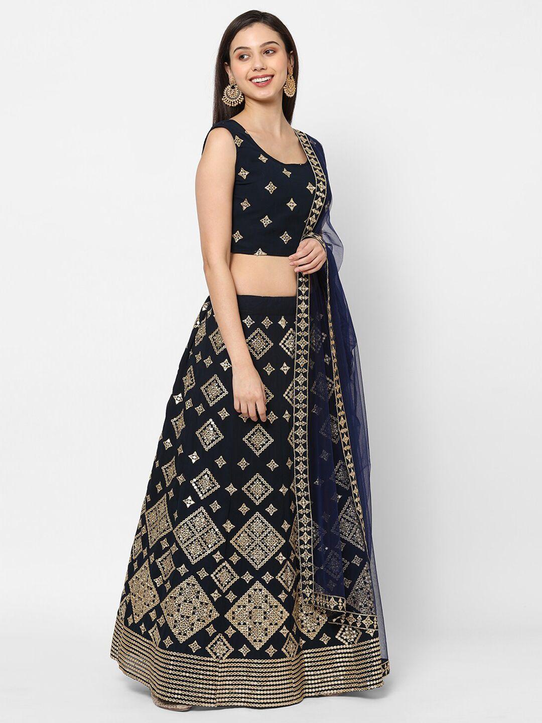 redround navy blue & gold-toned embroidered mirror work semi-stitched lehenga & unstitched blouse with
