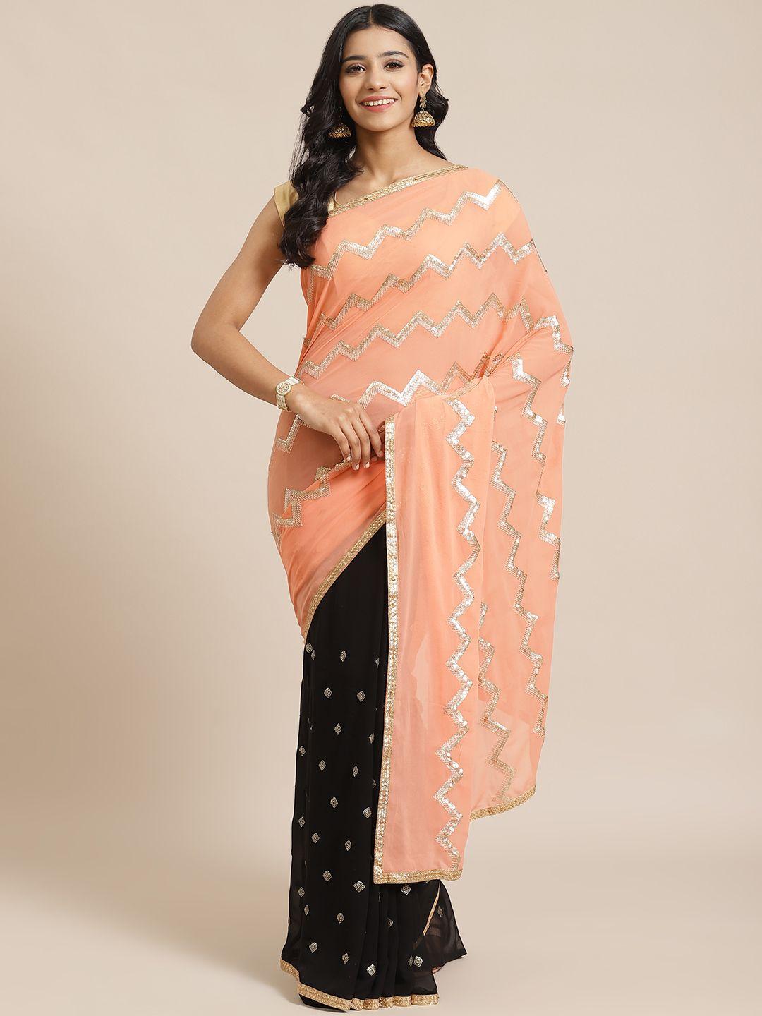 redround peach-coloured & black half-&-half embellished saree