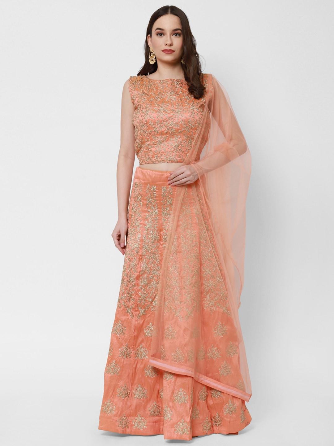 redround peach-coloured & gold-toned embellished semi-stitched lehenga & unstitched blouse with dupatta