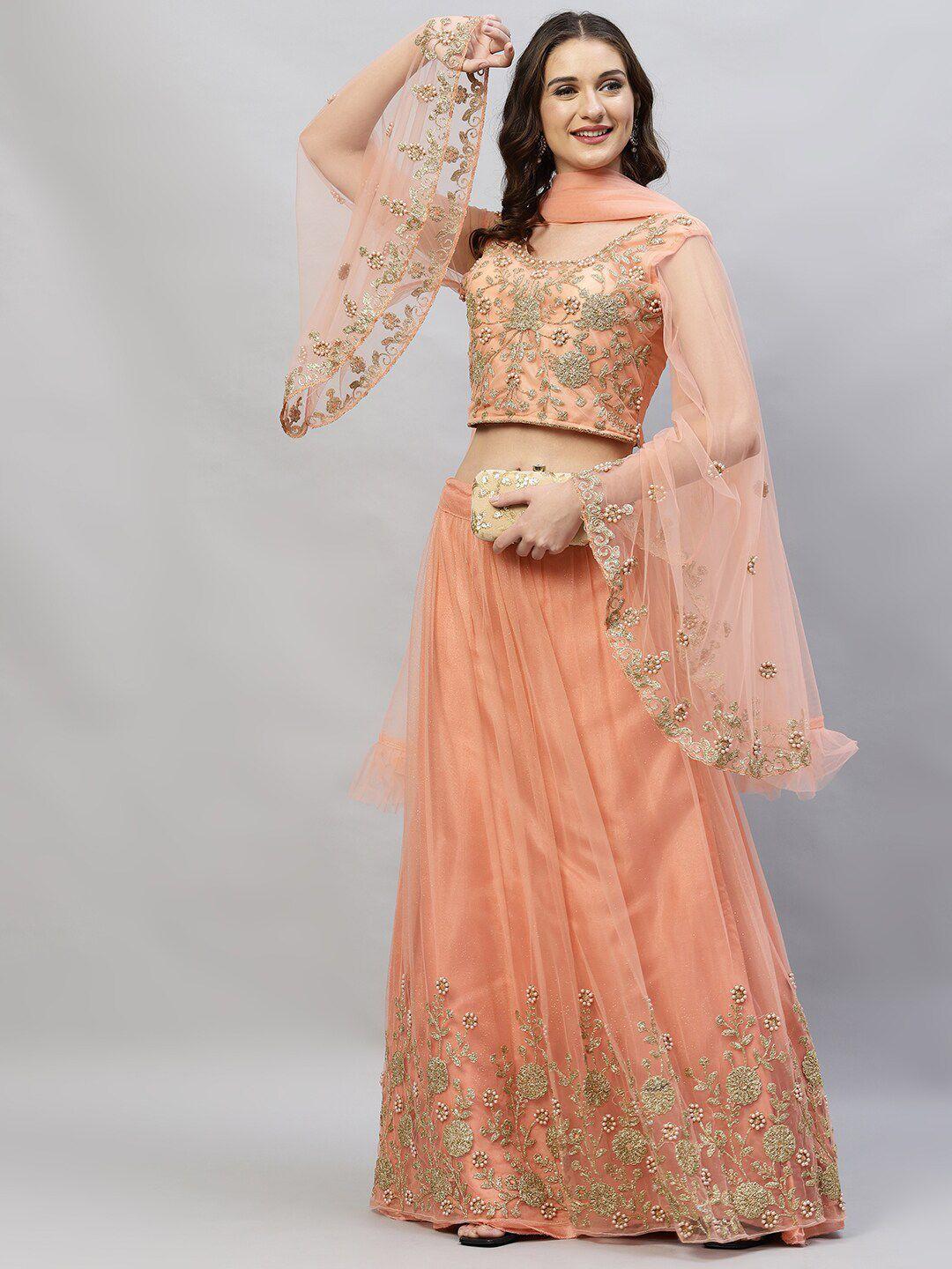 redround peach-coloured & gold-toned embroidered semi-stitched lehenga & unstitched blouse with dupatta