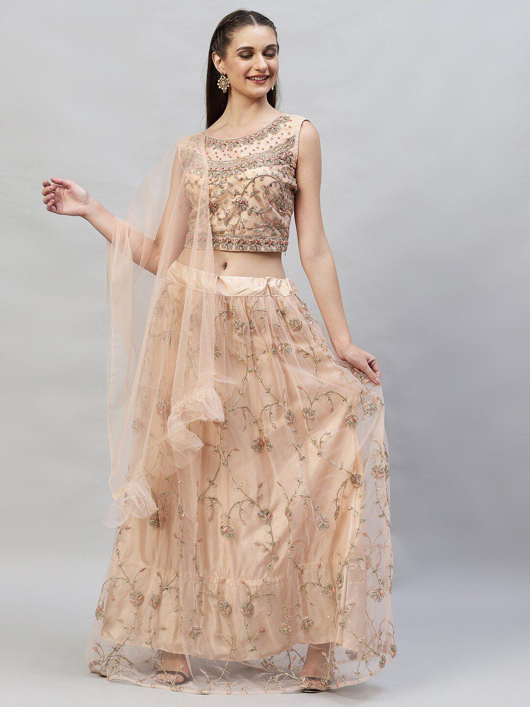 redround peach-coloured & gold-toned embroidered semi-stitched lehenga & unstitched blouse with dupatta