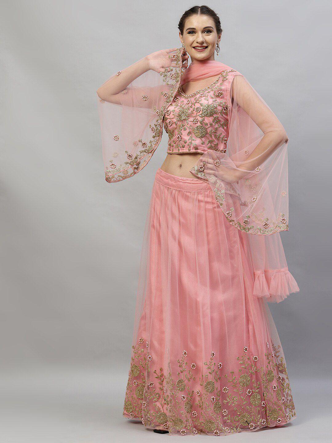 redround pink & gold-toned embroidered semi-stitched lehenga & unstitched blouse with dupatta