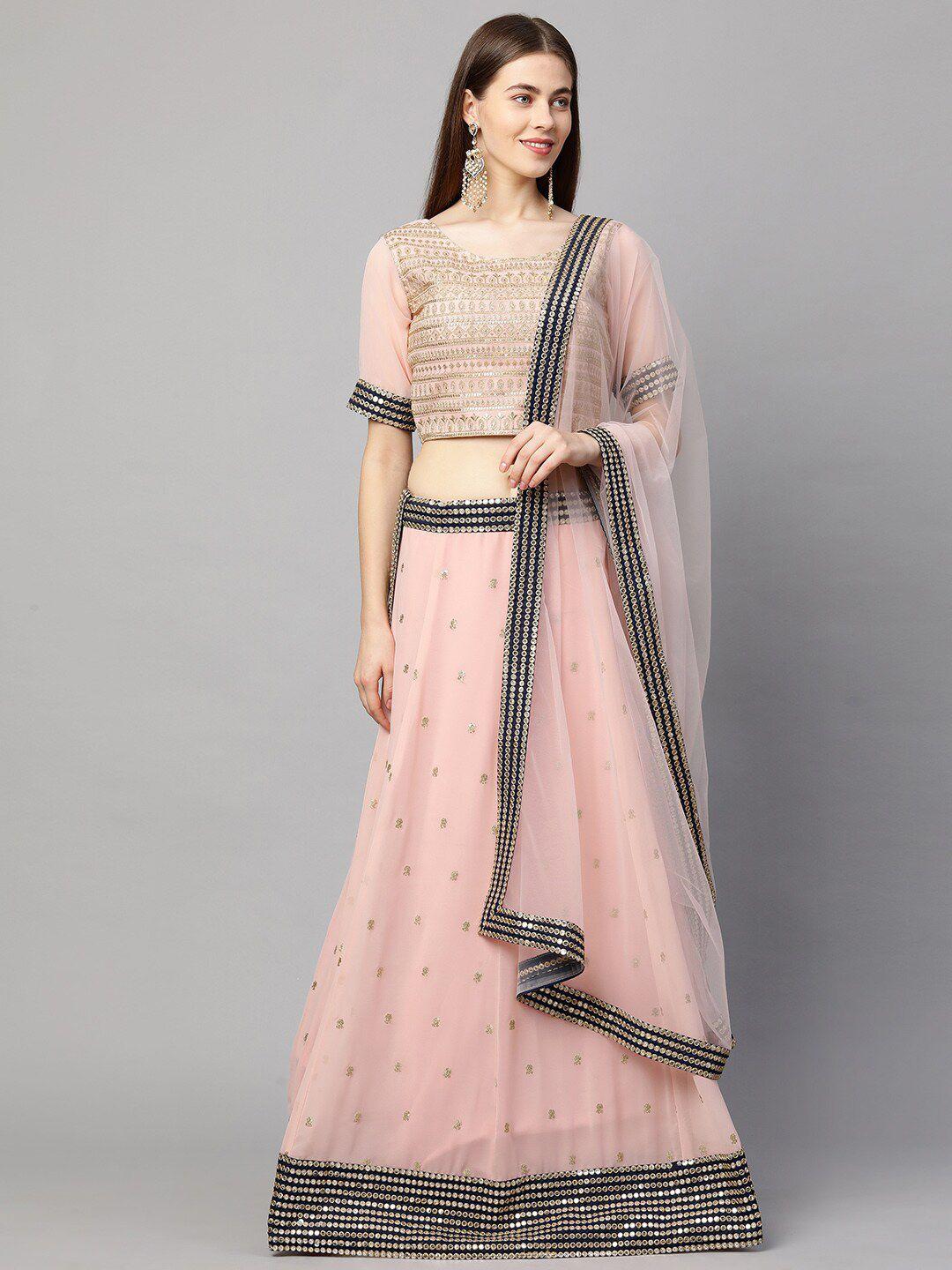 redround pink & navy blue embroidered sequinned semi-stitched lehenga & unstitched blouse with dupatta