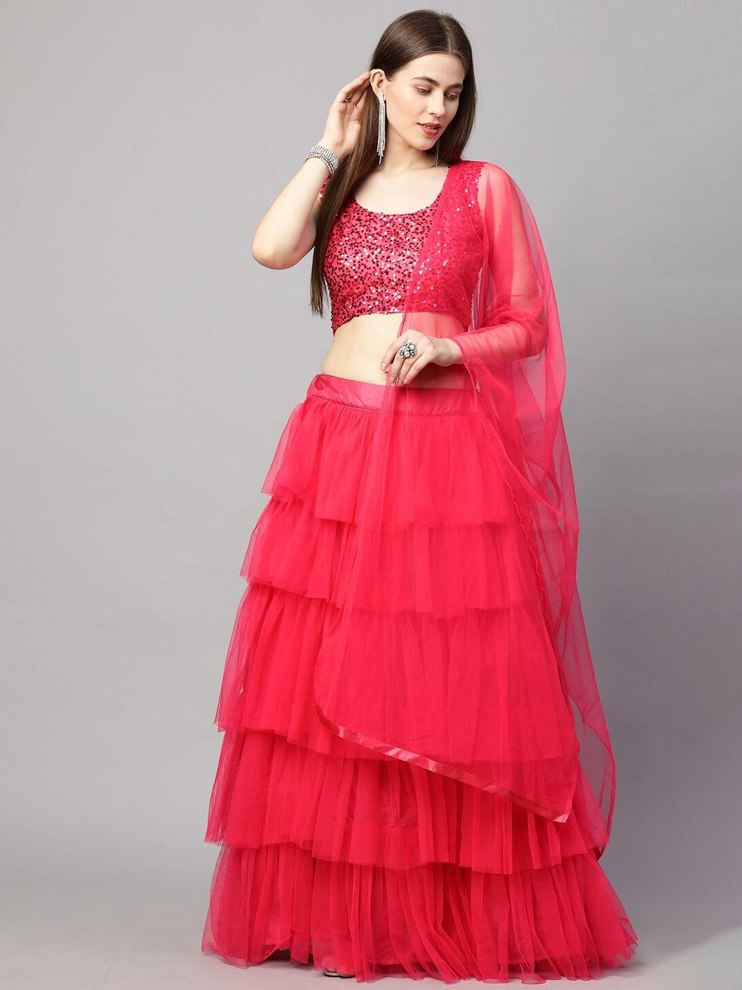 redround pink embroidered sequinned semi-stitched lehenga & unstitched blouse with dupatta