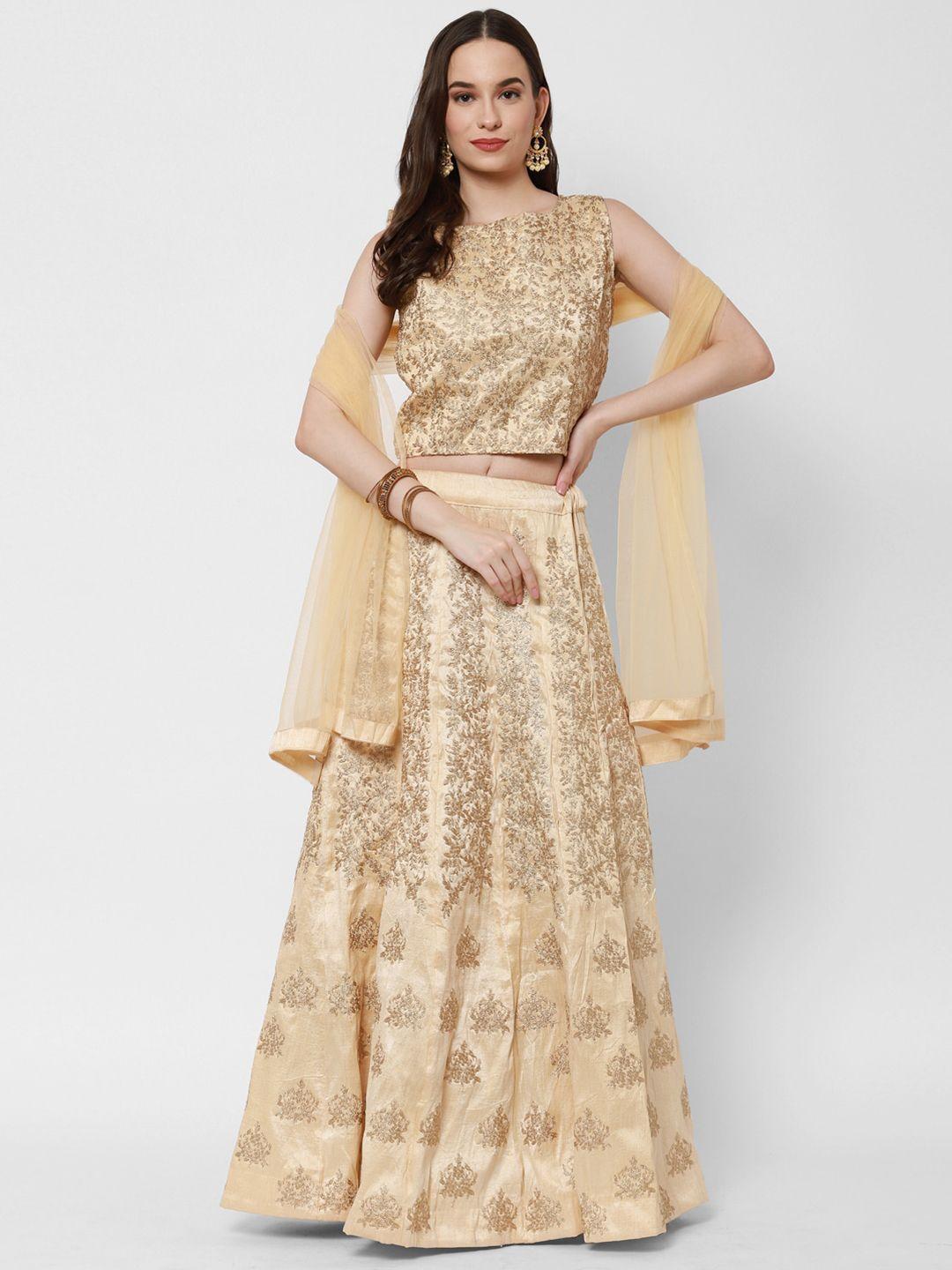 redround beige & gold-toned embellished semi-stitched lehenga & unstitched blouse with dupatta