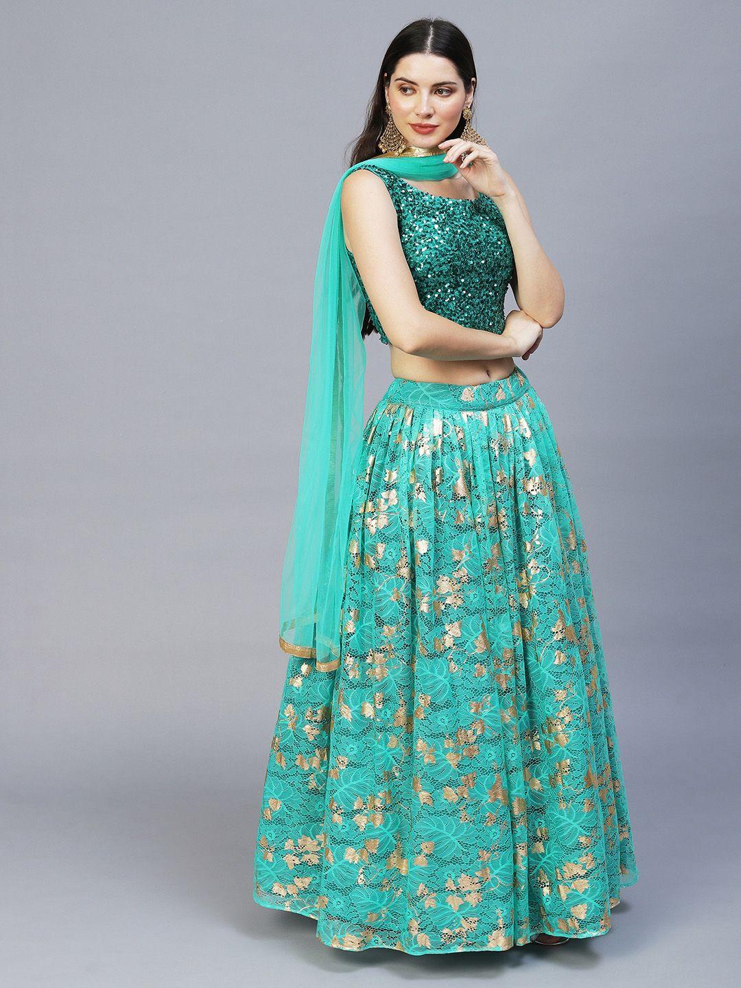 redround blue & gold-toned embellished thread work semi-stitched lehenga & unstitched blouse with dupatta