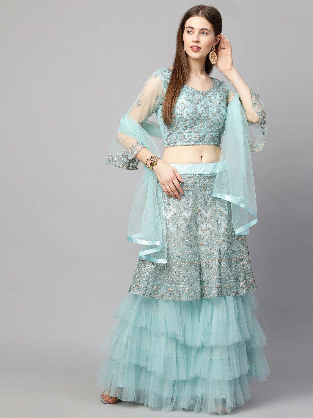 redround blue & silver-toned embroidered semi-stitched lehenga & unstitched blouse with dupatta