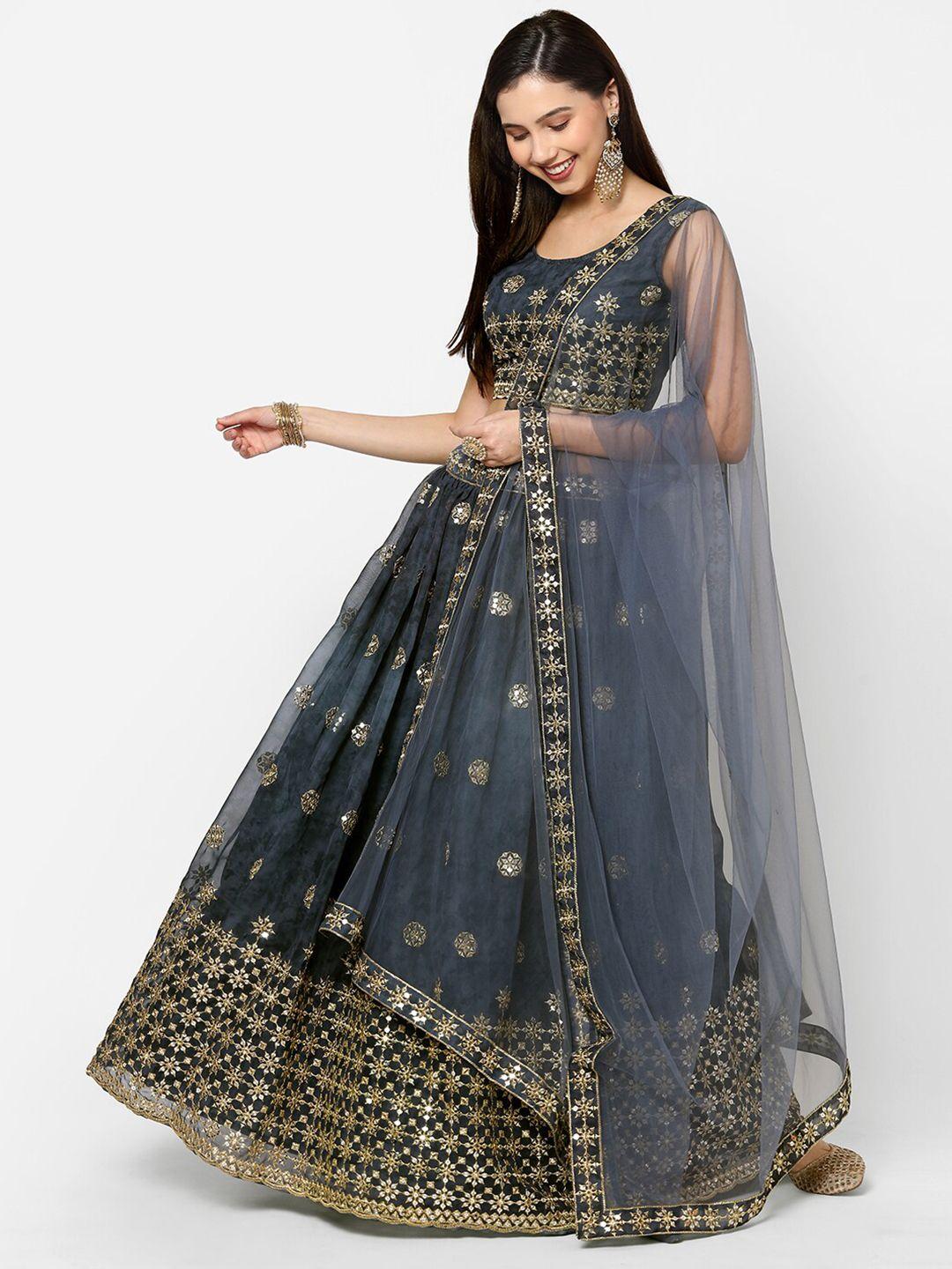 redround grey & gold-toned embroidered mirror work semi-stitched lehenga & unstitched blouse with dupatta