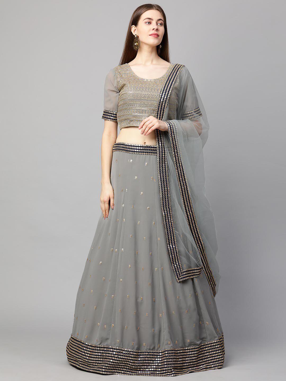 redround grey embroidered sequinned semi-stitched lehenga & unstitched blouse with dupatta