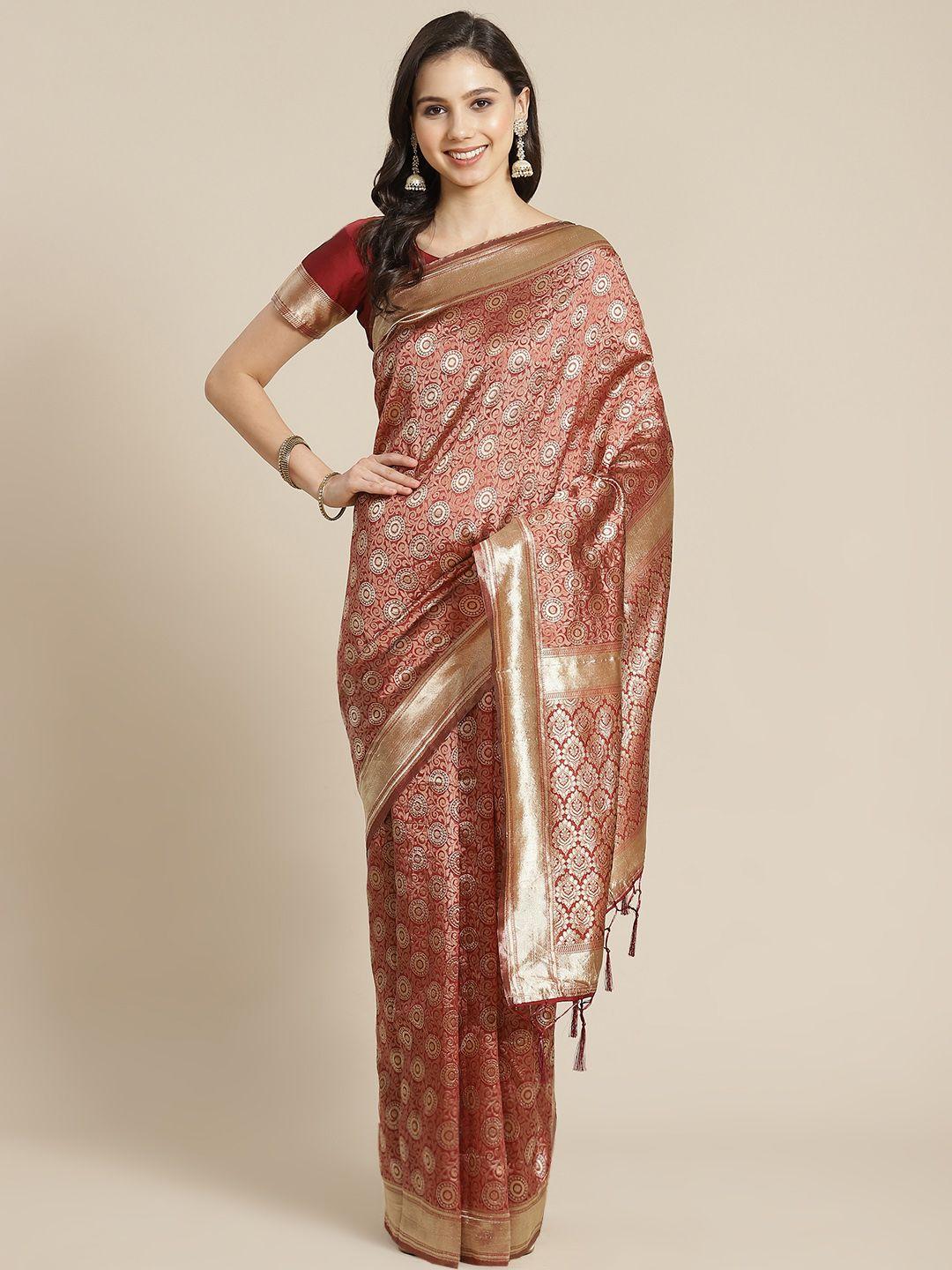 redround maroon & golden ethnic woven design zari banarasi saree