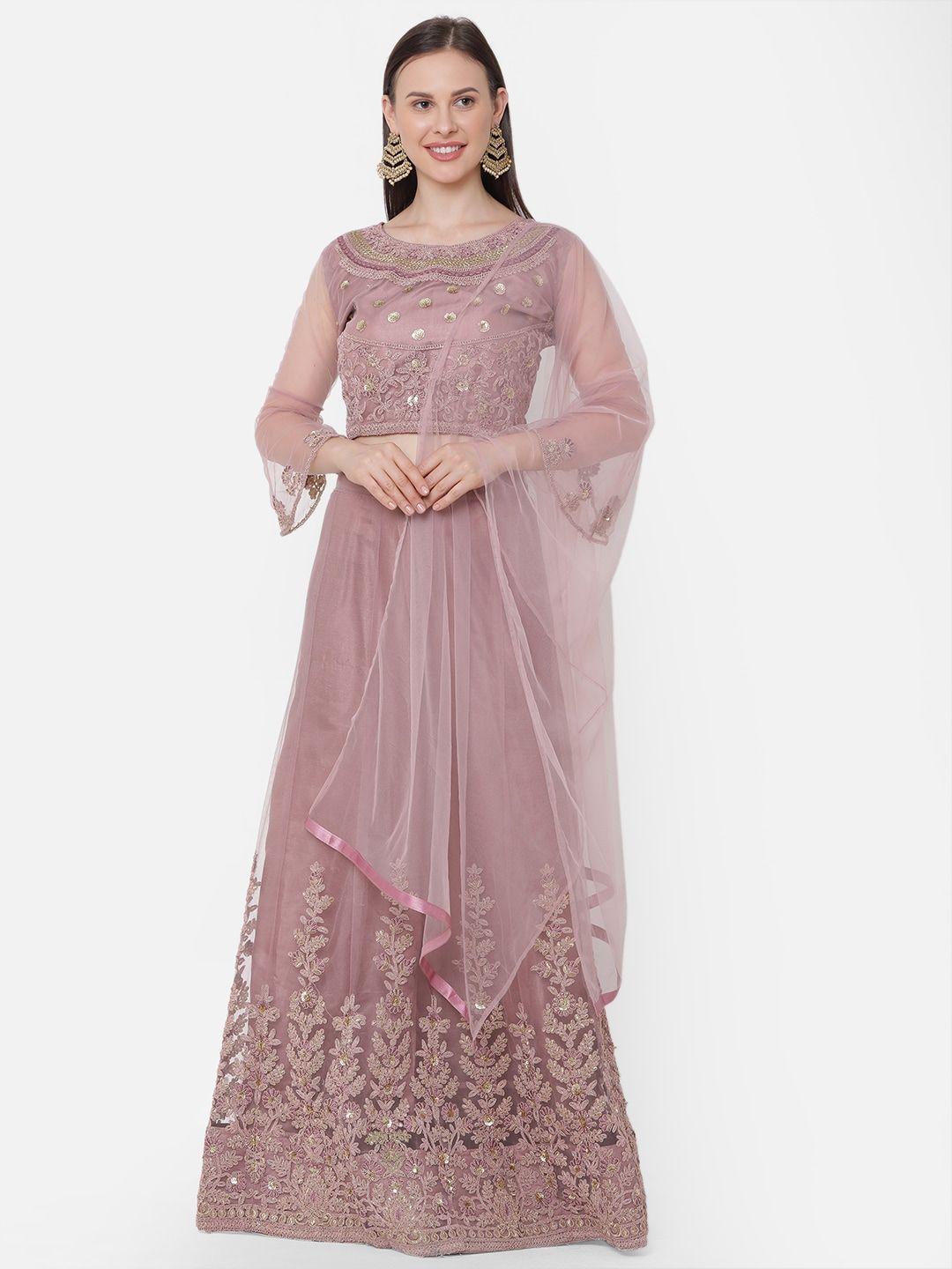 redround pink & gold-toned embroidered semi-stitched lehenga & unstitched blouse with dupatta