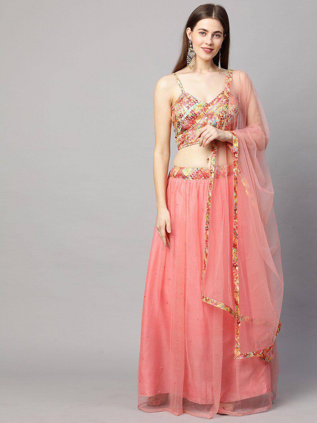 redround pink & gold-toned embroidered semi-stitched lehenga & unstitched blouse with dupatta