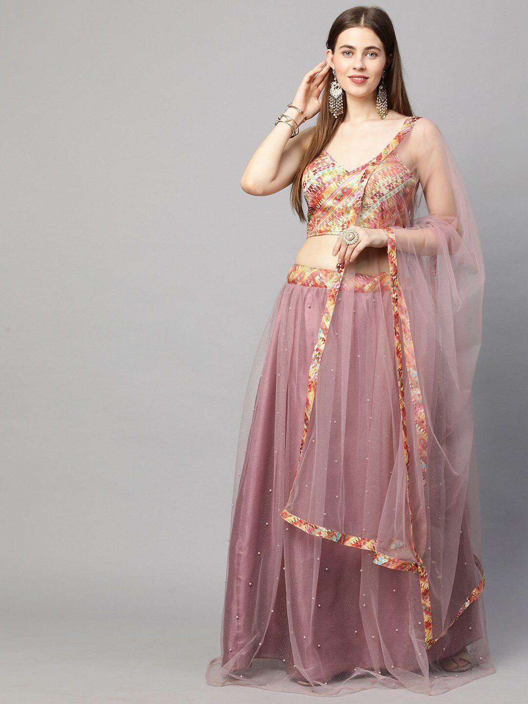 redround pink & yellow embroidered semi-stitched lehenga & unstitched blouse with dupatta