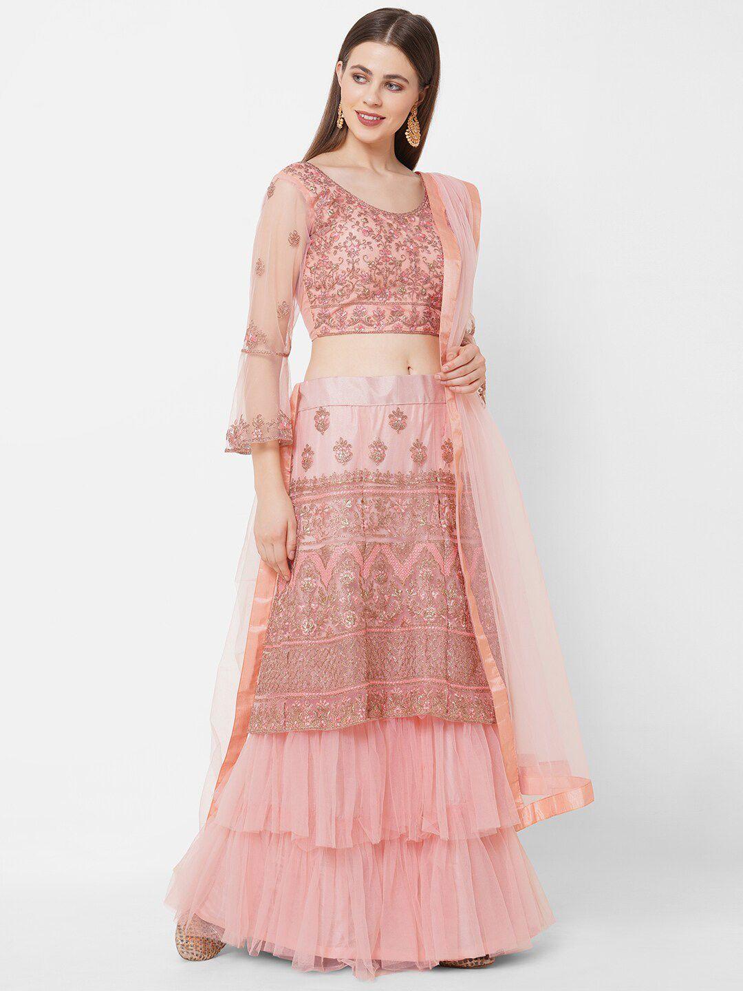 redround pink embroidered semi-stitched lehenga & unstitched blouse with dupatta