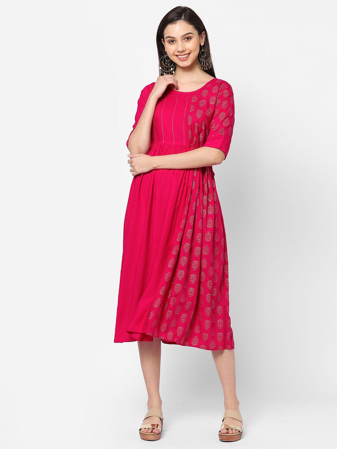redround pink ethnic motifs ethnic midi dress