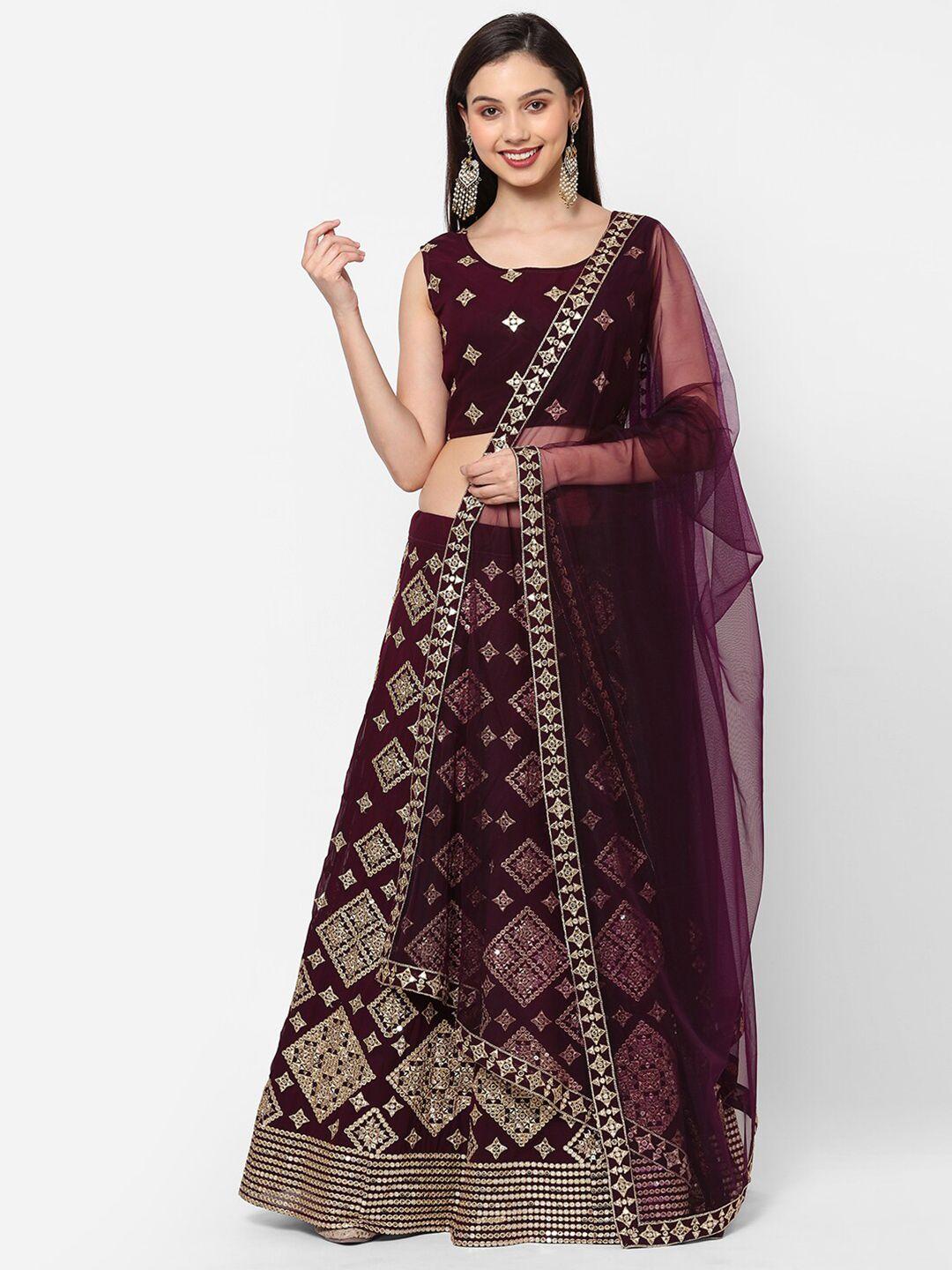 redround purple & gold-toned embroidered mirror work semi-stitched lehenga & unstitched blouse with dupatta