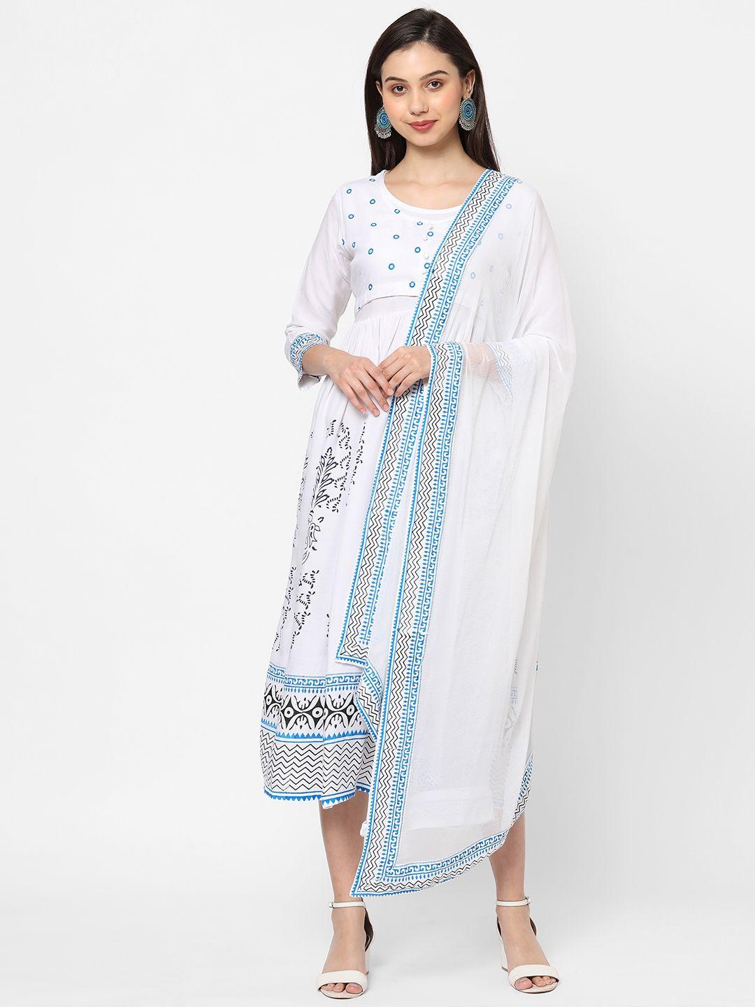 redround white & blue layered ethnic a-line midi dress with dupatta