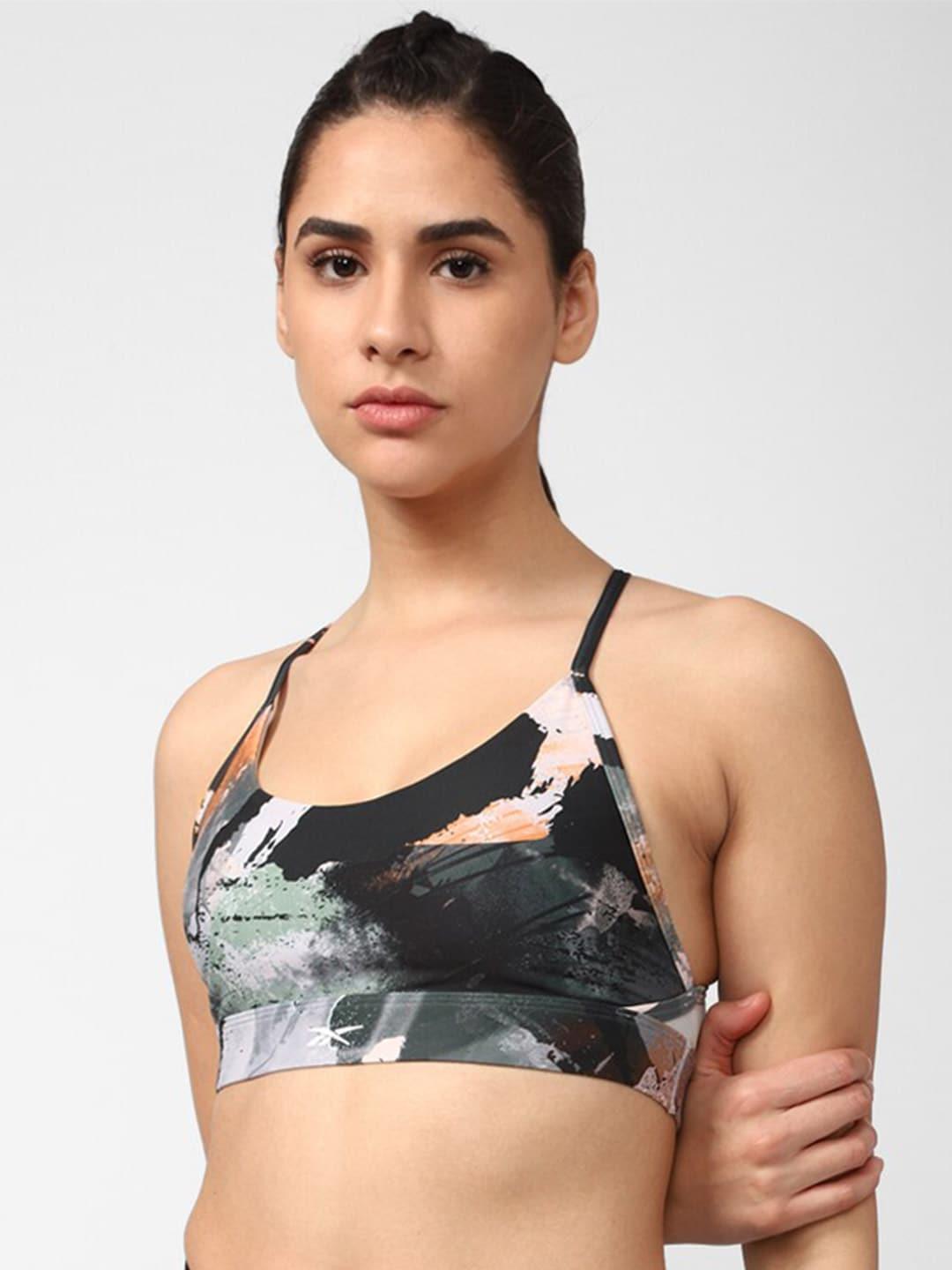 reebok abstract printed lux strappy sports bra