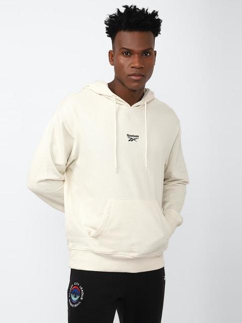 reebok beige cotton regular fit hooded sweatshirt