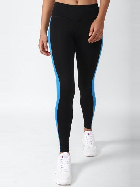 reebok black & blue cotton color-block sports tights
