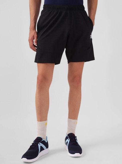 reebok black cotton regular fit striped training sports shorts