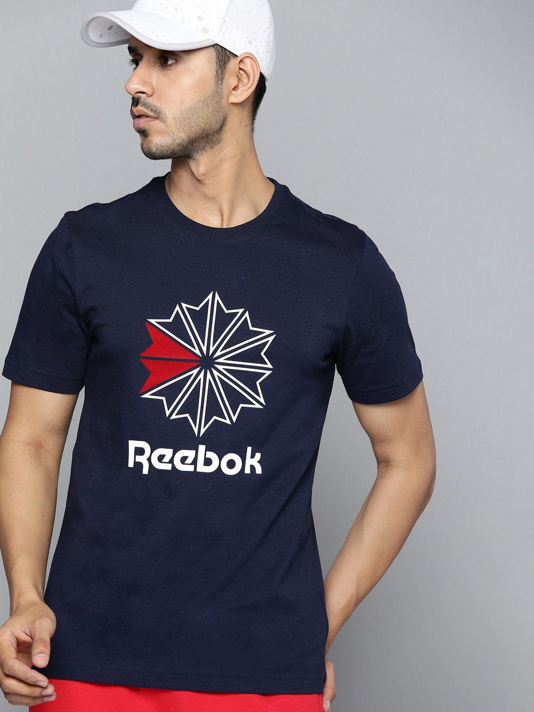 reebok classic unisex navy blue & white pure cotton brand logo printed t-shirt
