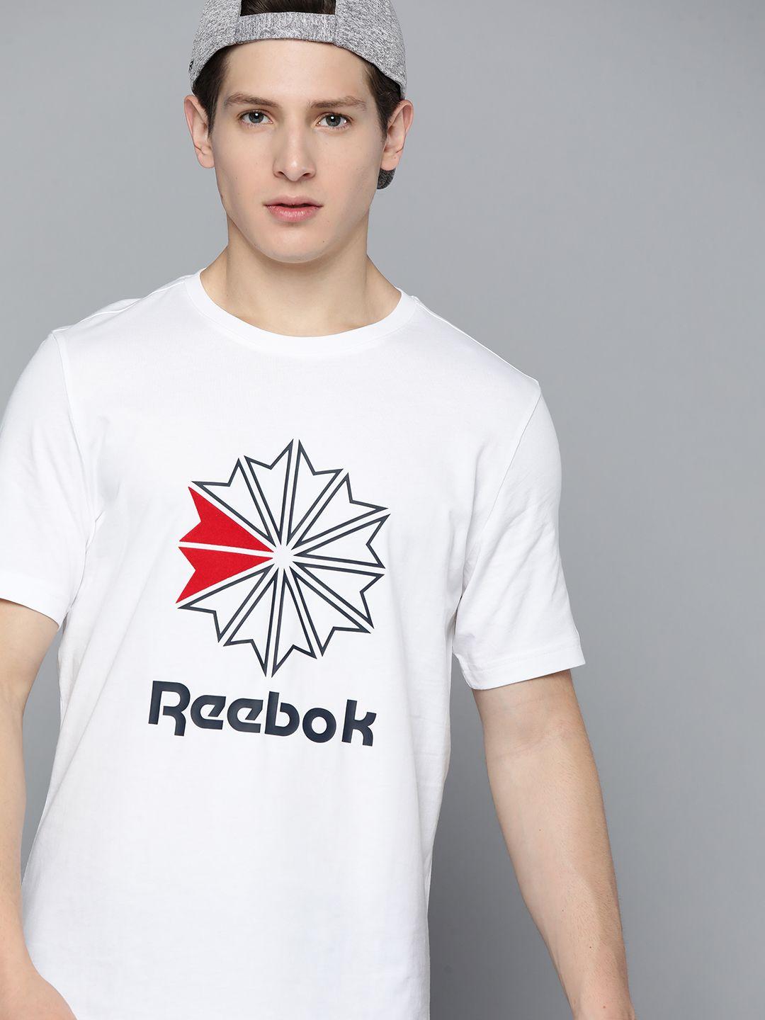 reebok classic unisex white & black pure cotton brand logo printed t-shirt