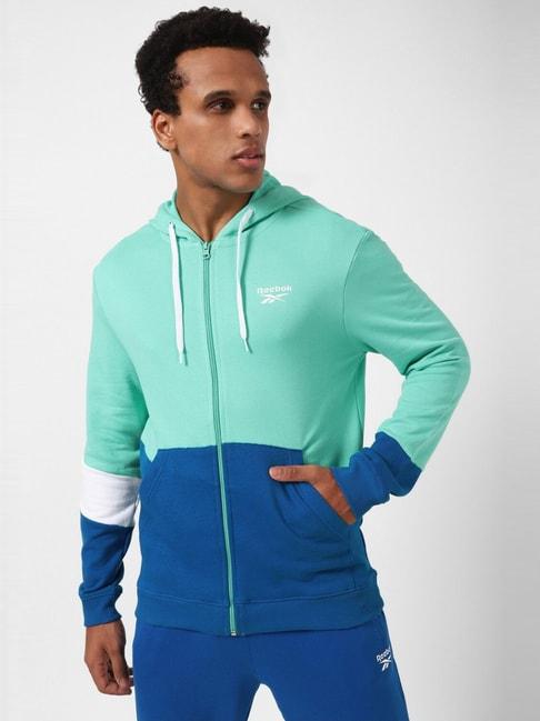 reebok green cotton regular fit colour block hooded sweatshirt