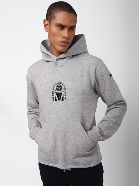 reebok grey cotton regular fit self pattern hooded sweatshirt