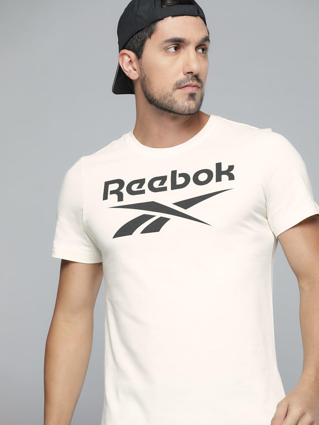 reebok men cream-coloured & black brand logo printed t-shirt