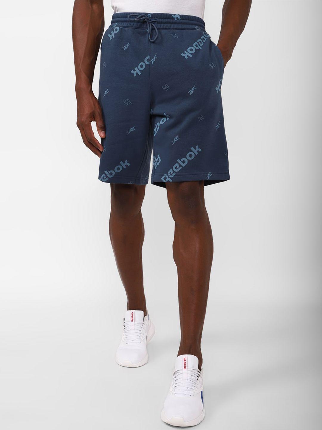 reebok men essentials ri aop typography printed slim fit cotton sports shorts