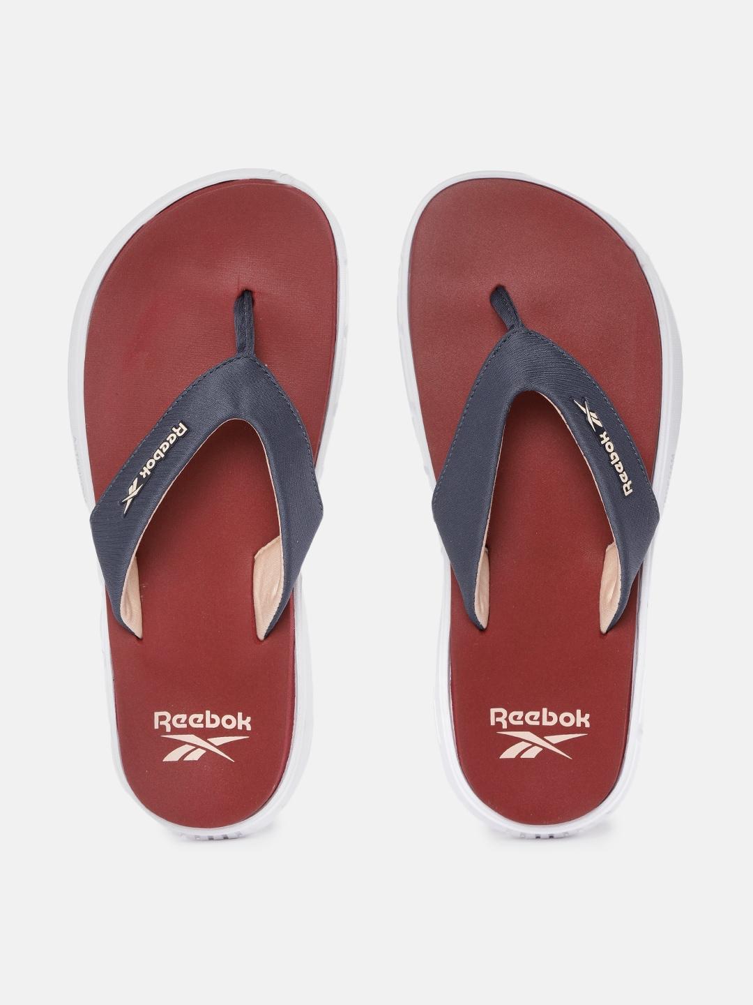 reebok women navy blue & burgundy brand logo print thong flip-flops