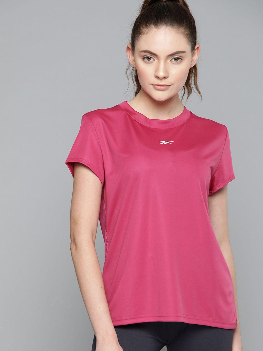 reebok women pink commercial solid workout t-shirt