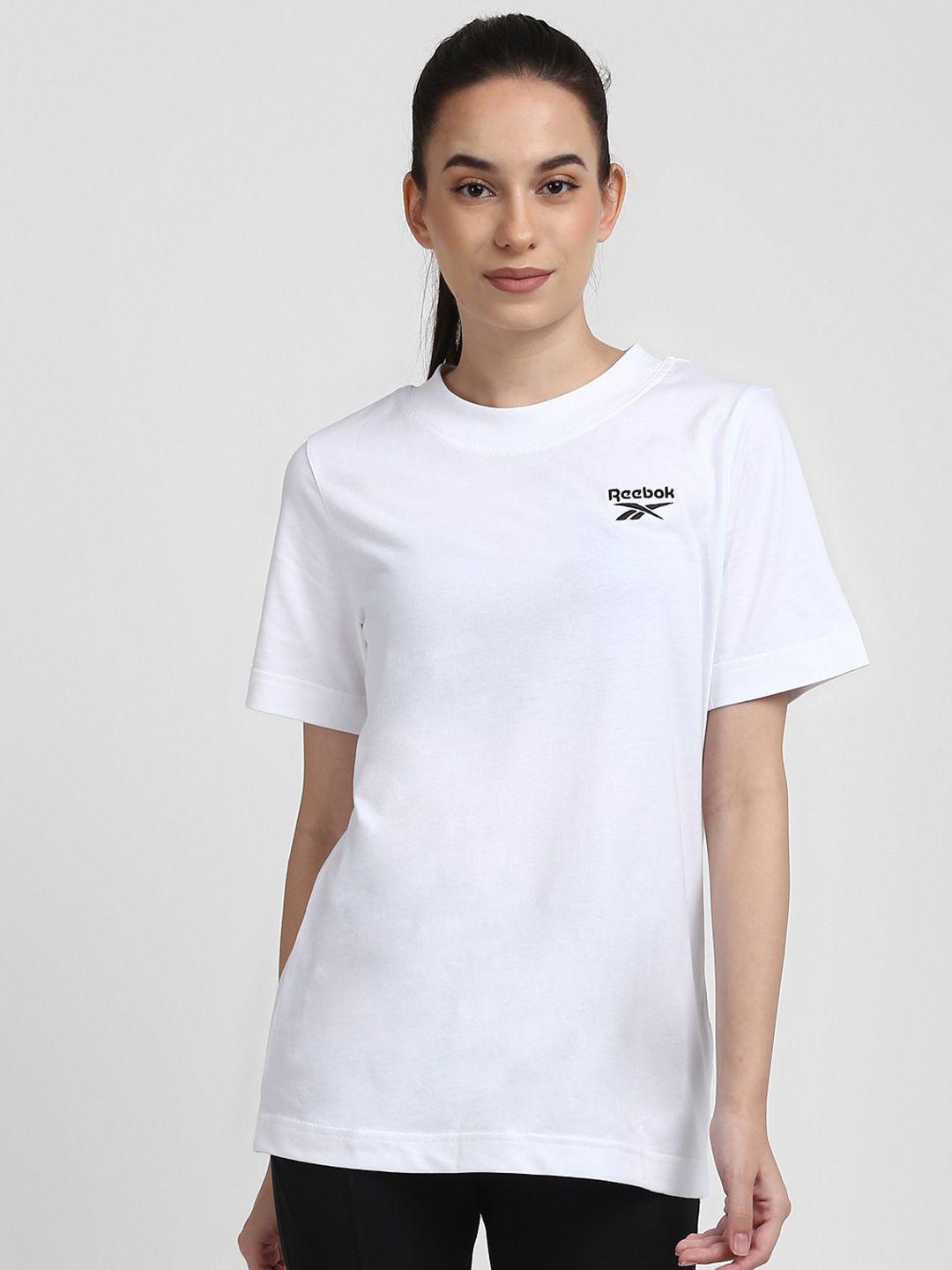 reebok women white brand logo printed pure cotton training or gym pure cotton t-shirt