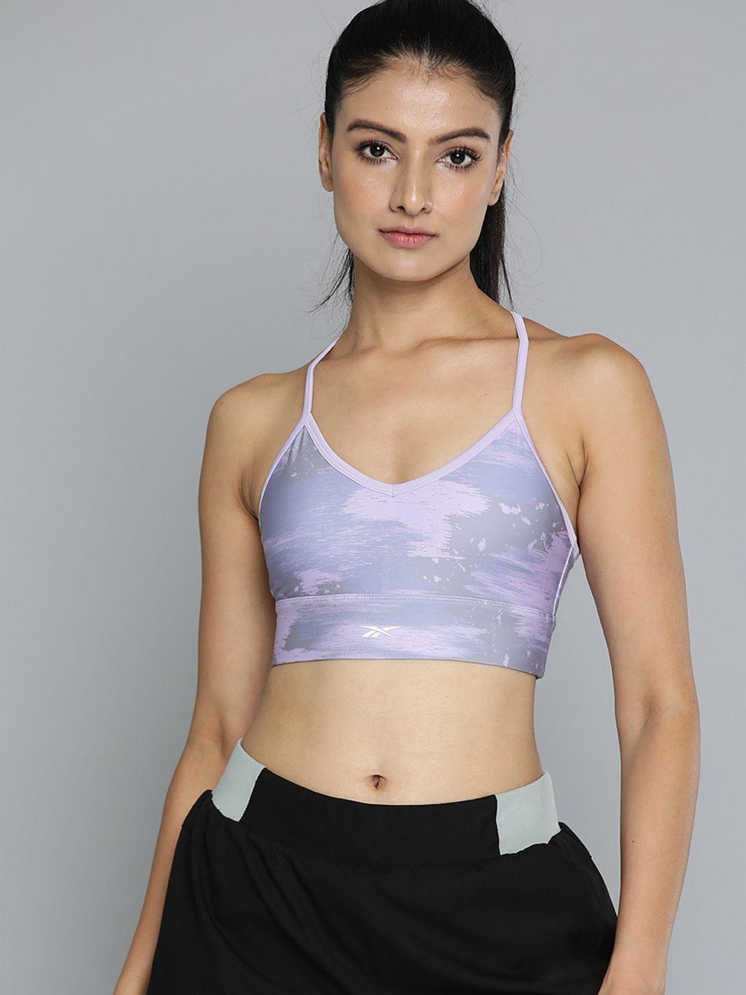 reebok abstract printed full coverage lightly padded speedwick sports bra - ht6046