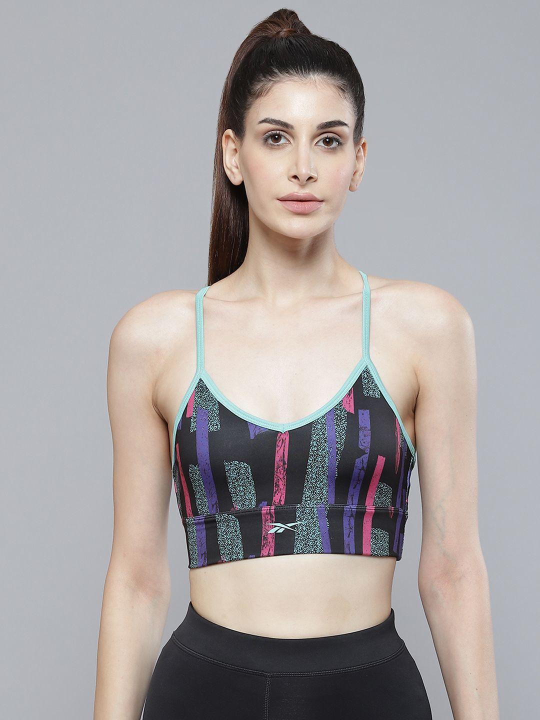 reebok black & sea green myt printed removable padding sports bra