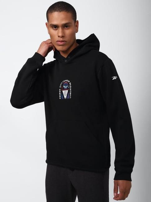 reebok black cotton regular fit printed hooded sweatshirt