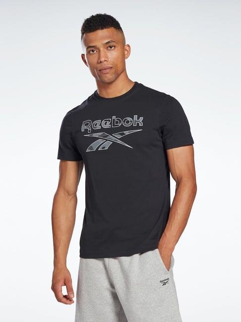 reebok black cotton slim fit printed t-shirt