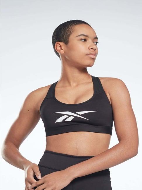 reebok black graphic print sports bra